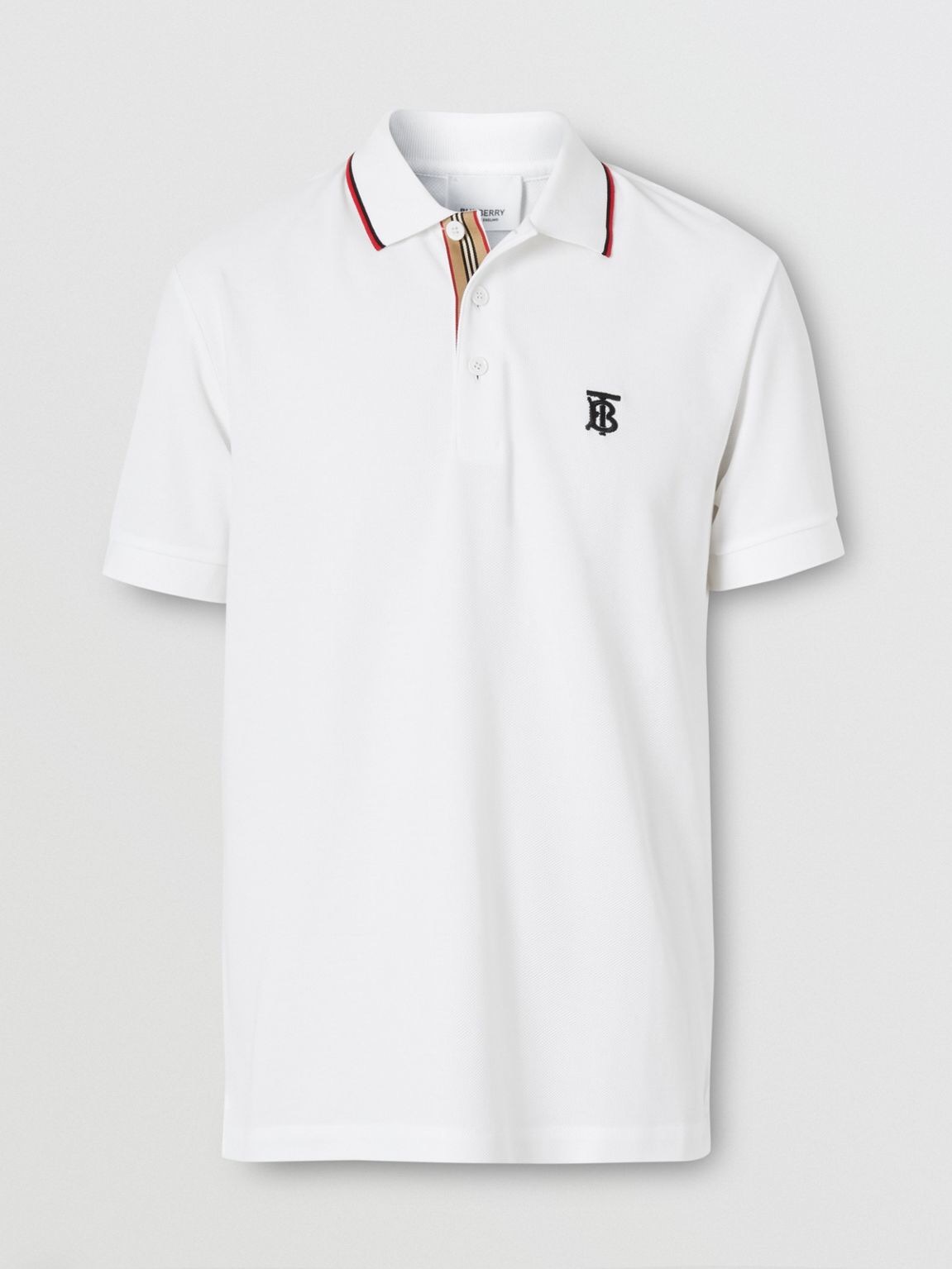 P289 Burberry Red-Stripe Collar BT-Embroidered Polo Shirt - White