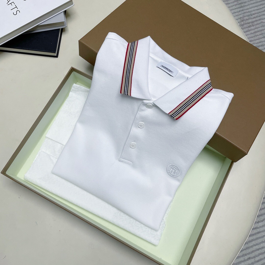 P289 Burberry Multicolour Striped-Collar Polo Shirt - White