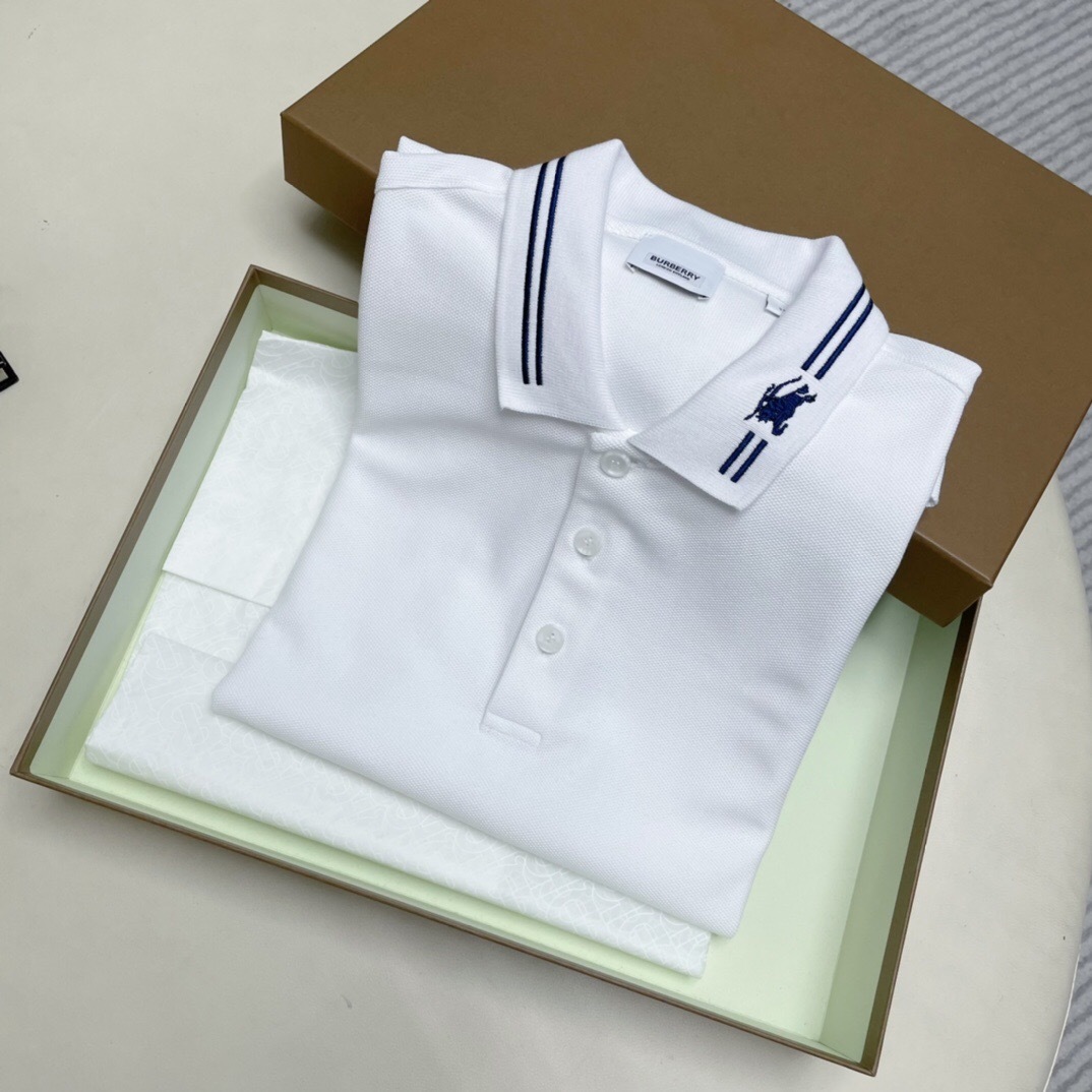 P289 Burberry Striped-Collar Equestrian-Embroidered Polo Shirt