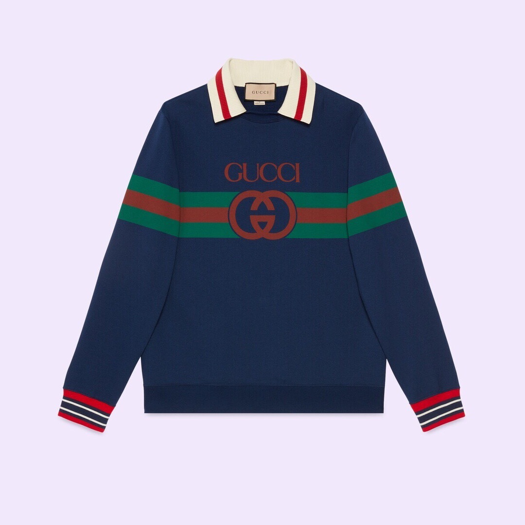 P449 Gucci Striped Polo-Collar Sweatshirt - Blue