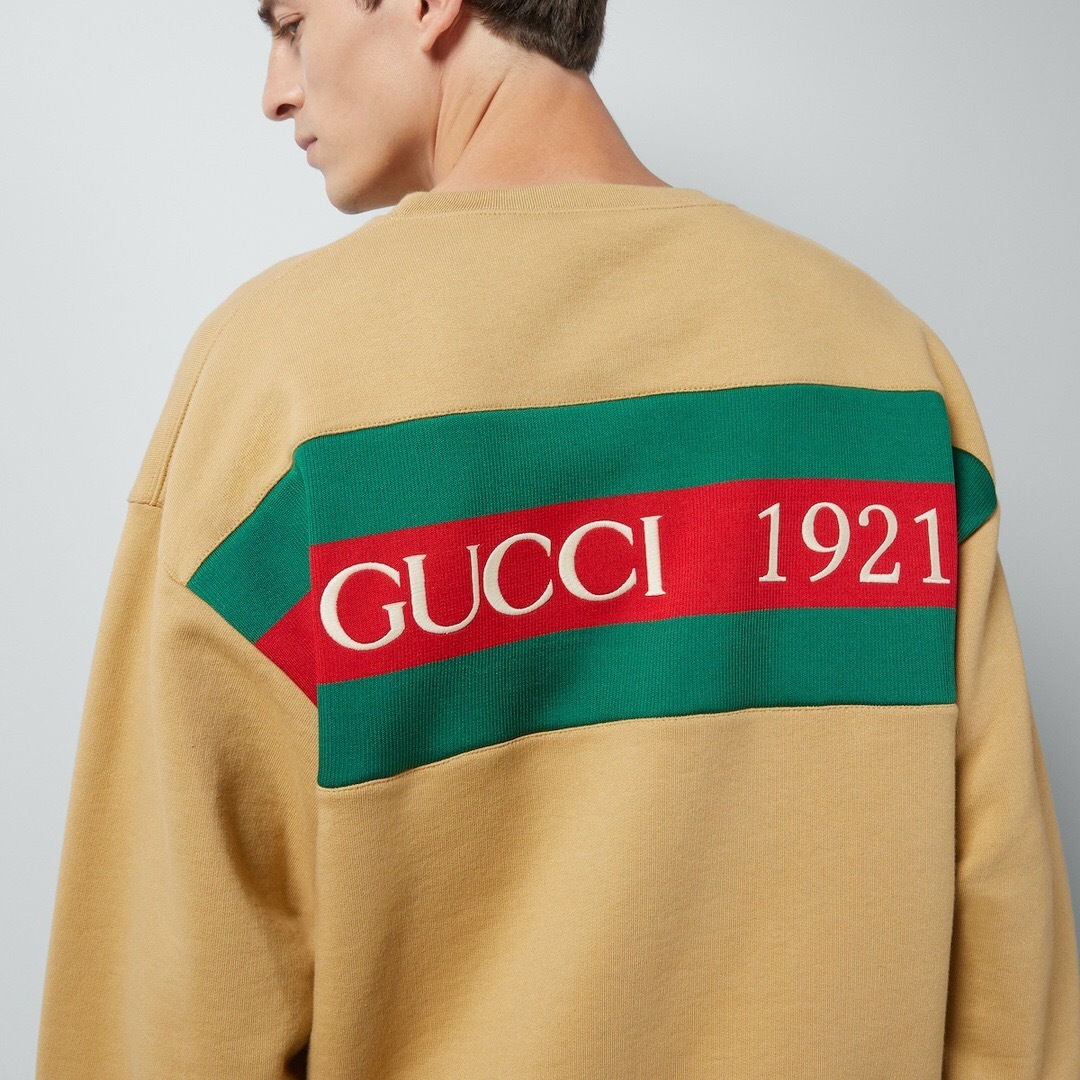 P389 Gucci Red-and-Green Ribbed Web-Trim Sweatshirt - Khaki