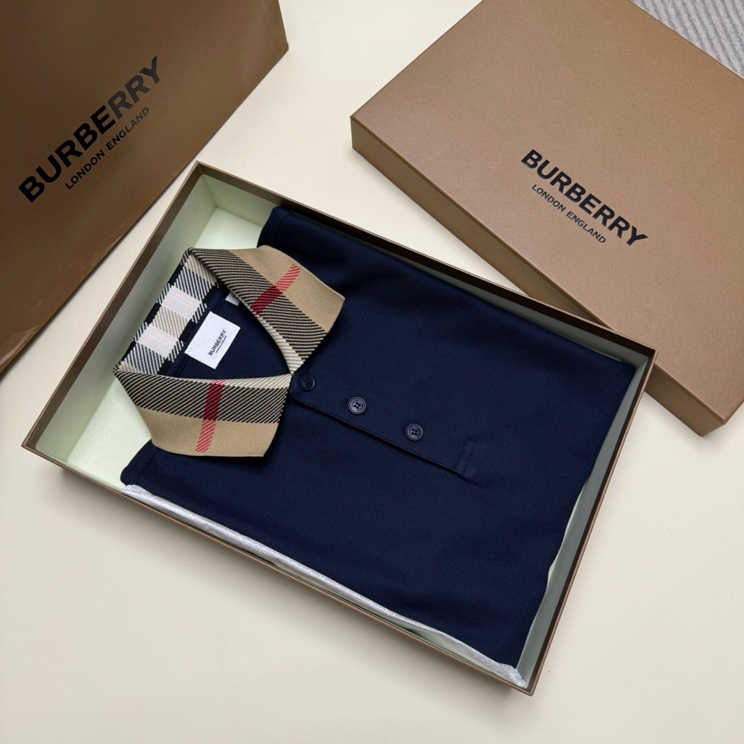 P299 Burberry Check-Collar Polo Shirt - Dark Blue