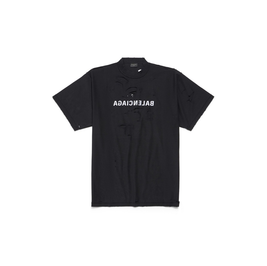 P229 Balenciaga Reversed-Letter Distressed T-Shirt - Black
