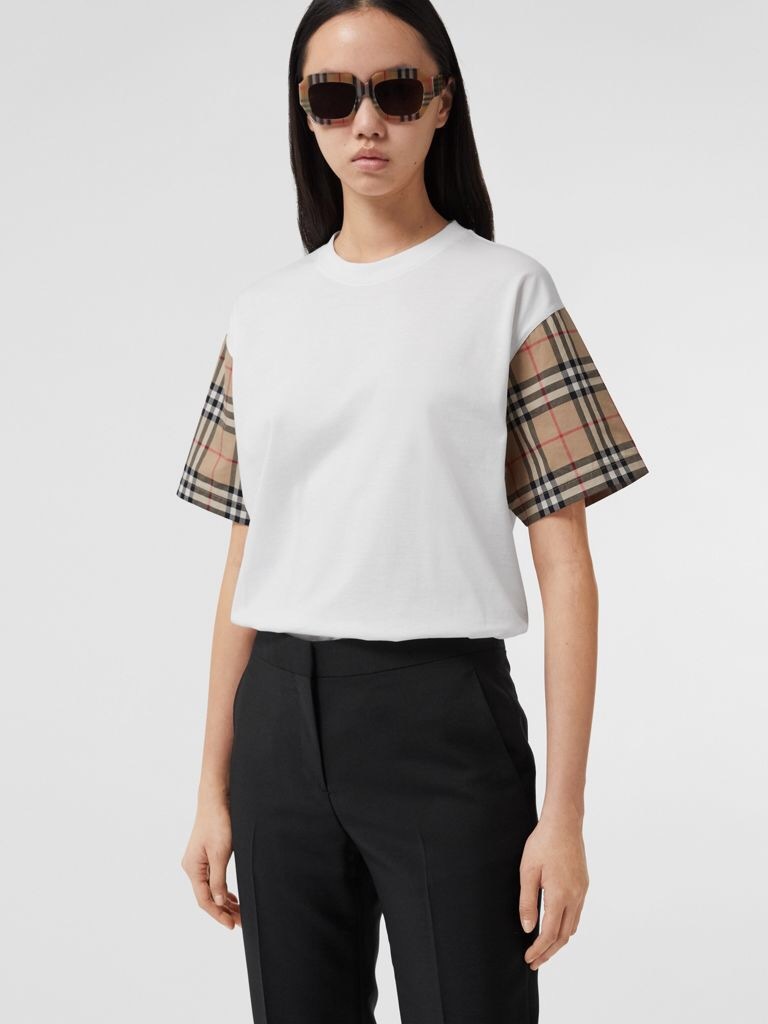 P209 Burberry Check-Sleeve T-Shirt - White