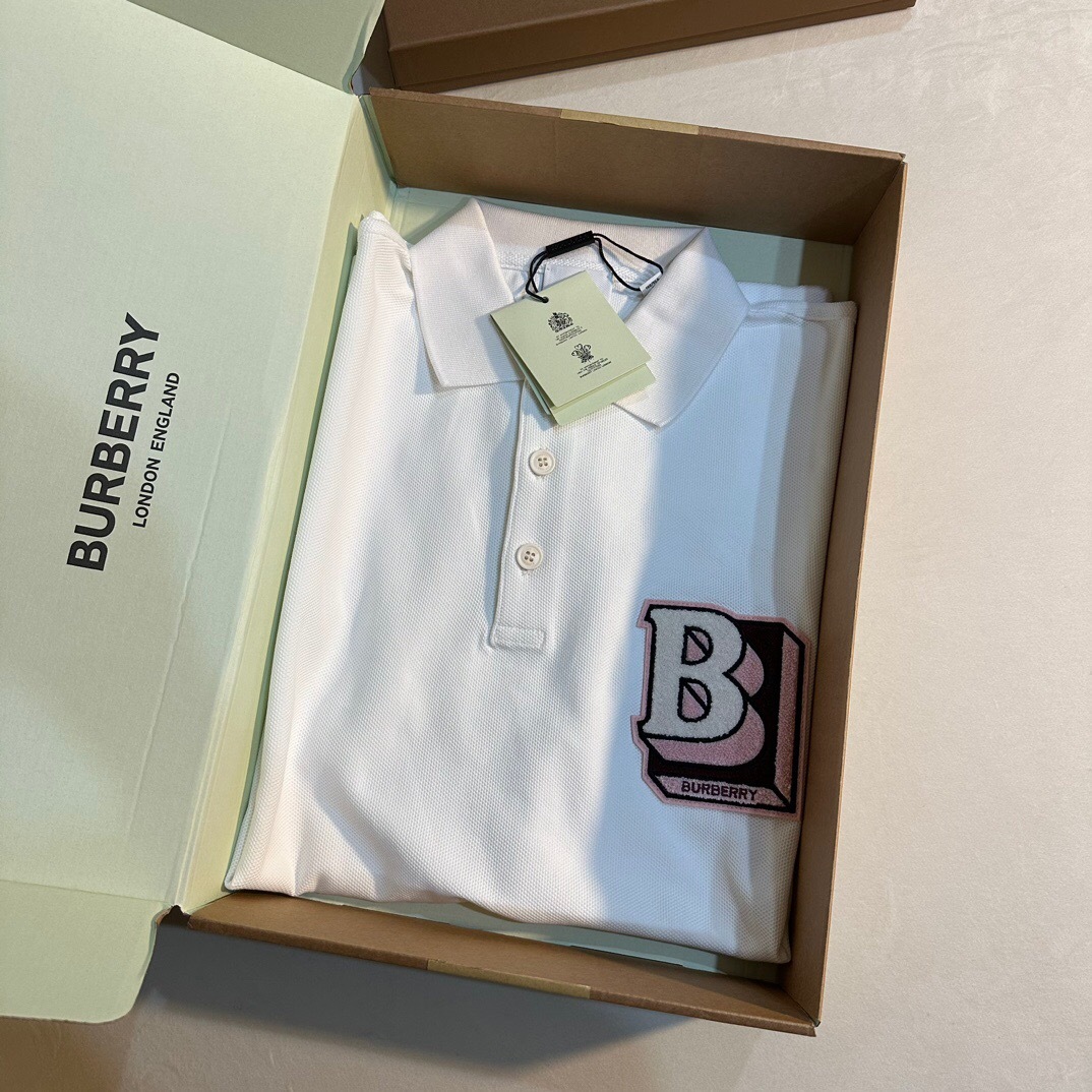 P319 Burberry Terry-Applique Mesh Polo Shirt - White