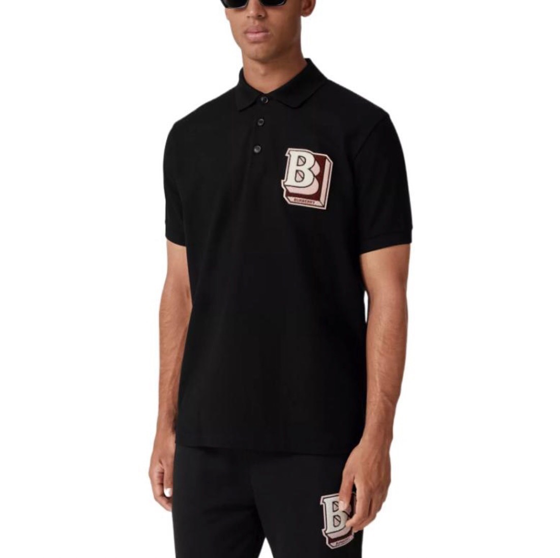 P319 Burberry Terry-Applique Mesh Polo Shirt - Black