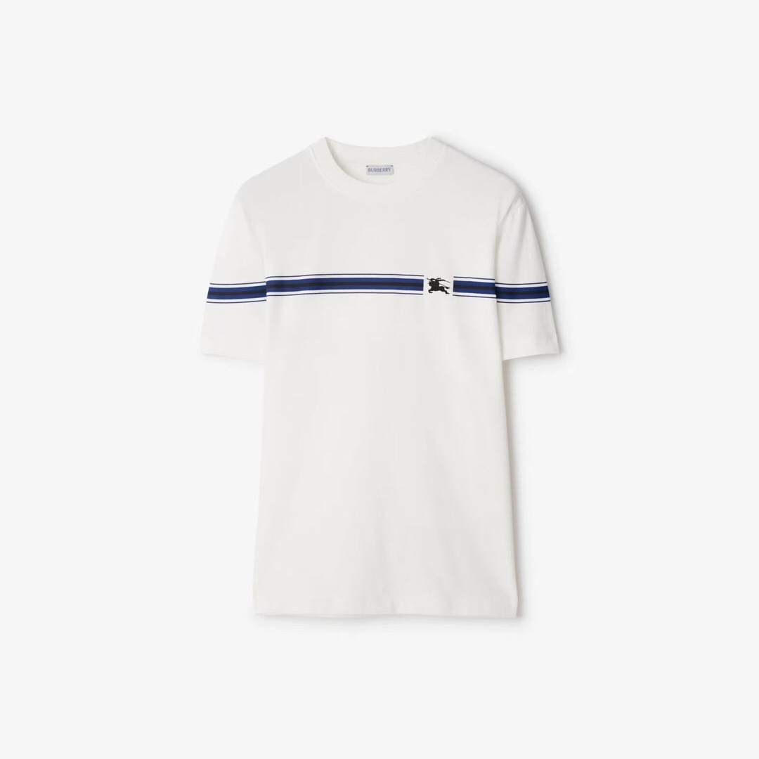 P229 Burberry Striped Equestrian-Embroidered T-Shirt - White