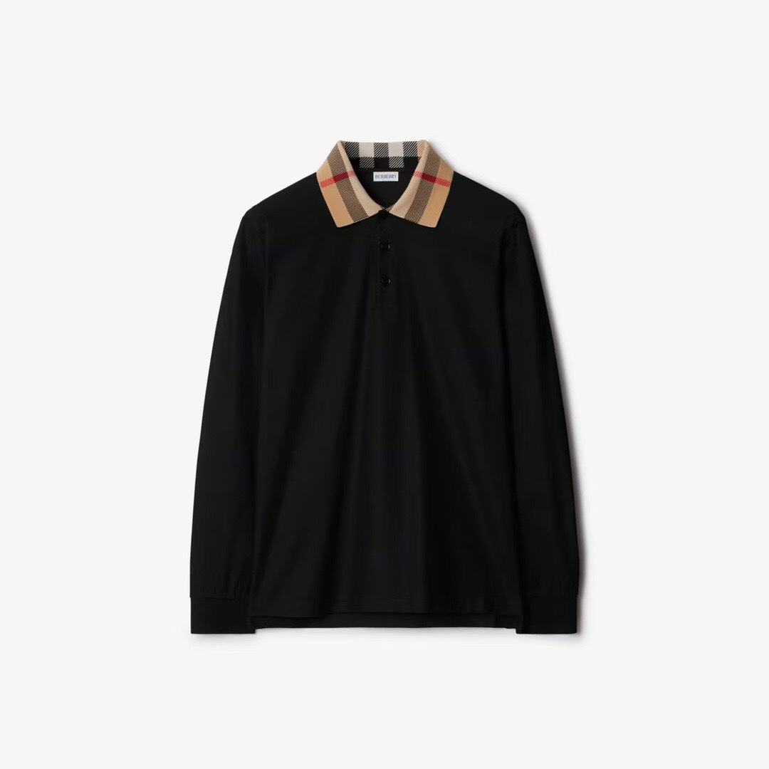 P319 Burberry Check-Collar Long-Sleeve Polo Shirt - Black