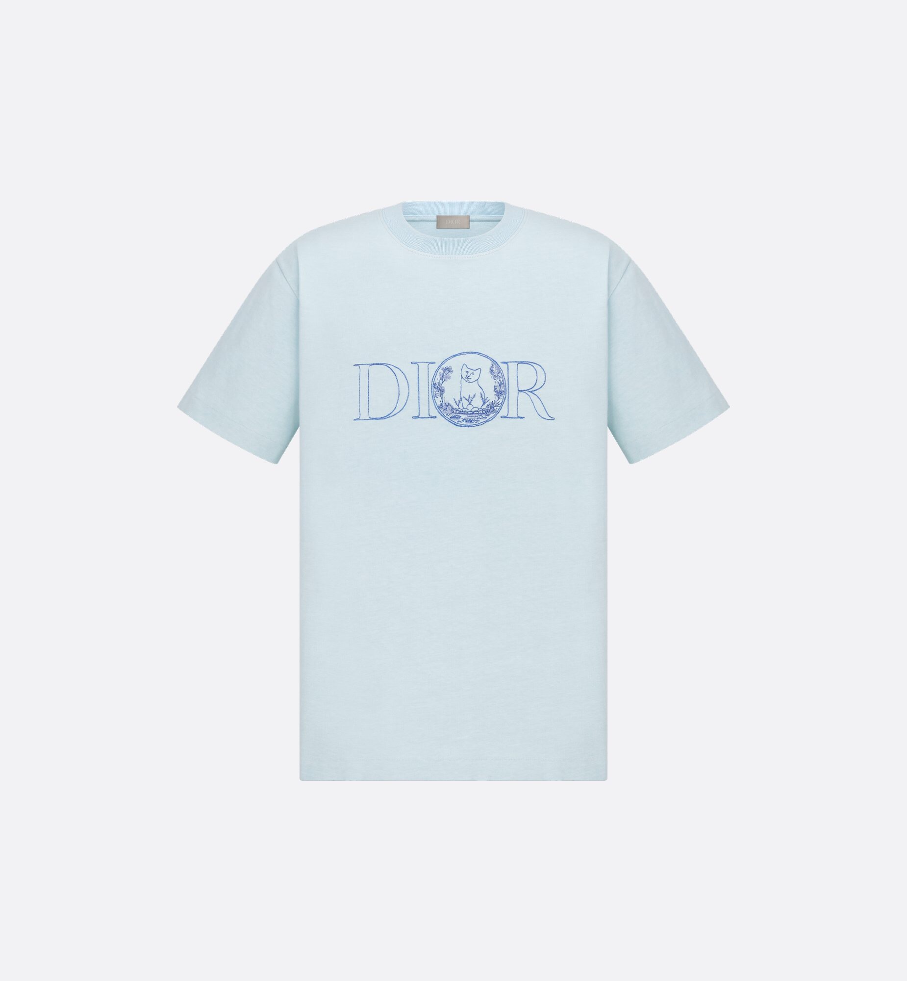 P229 Letter and Cat Embroidered T-Shirt - Blue