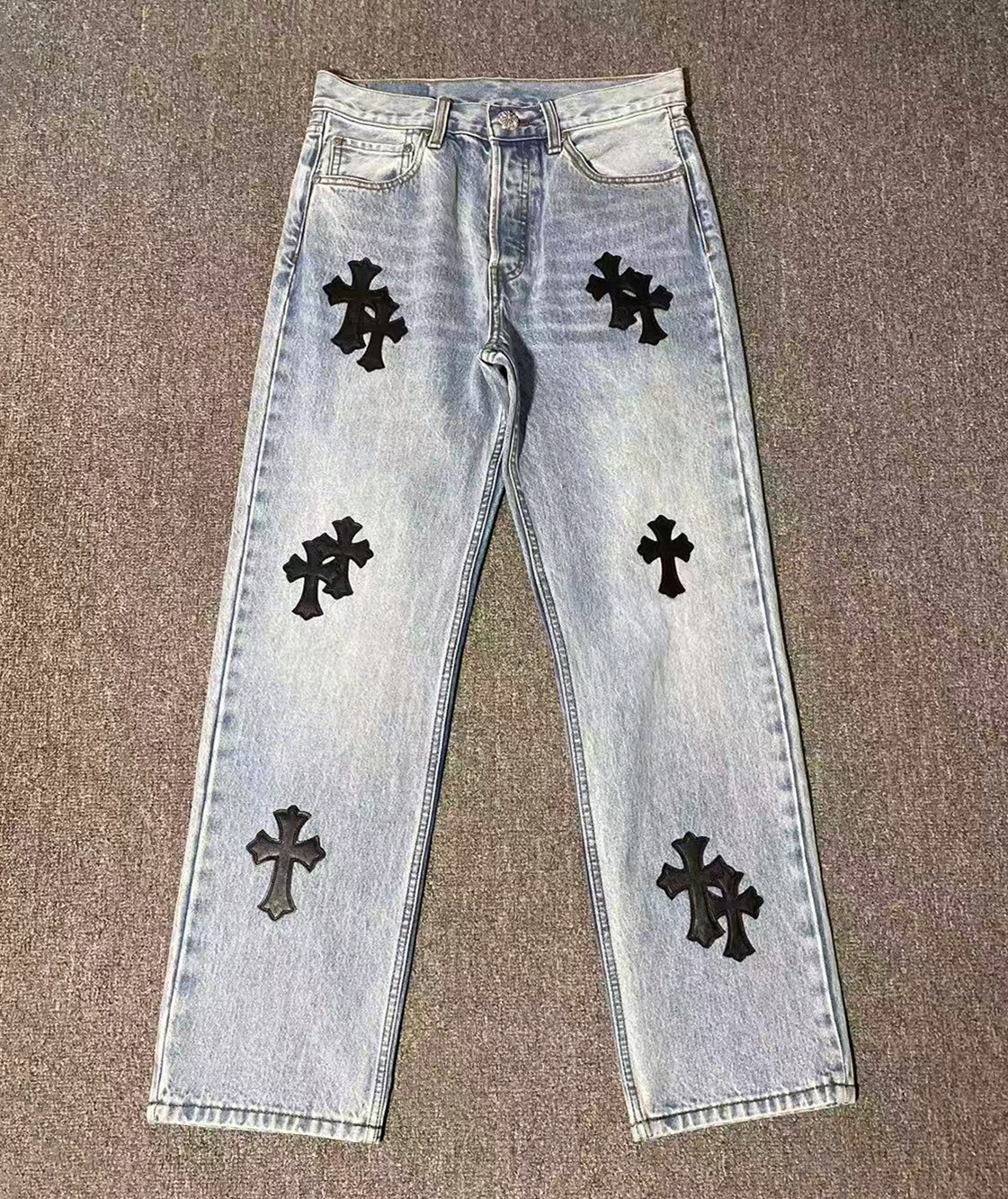 P589 Blue Jeans with Black Leather Details
