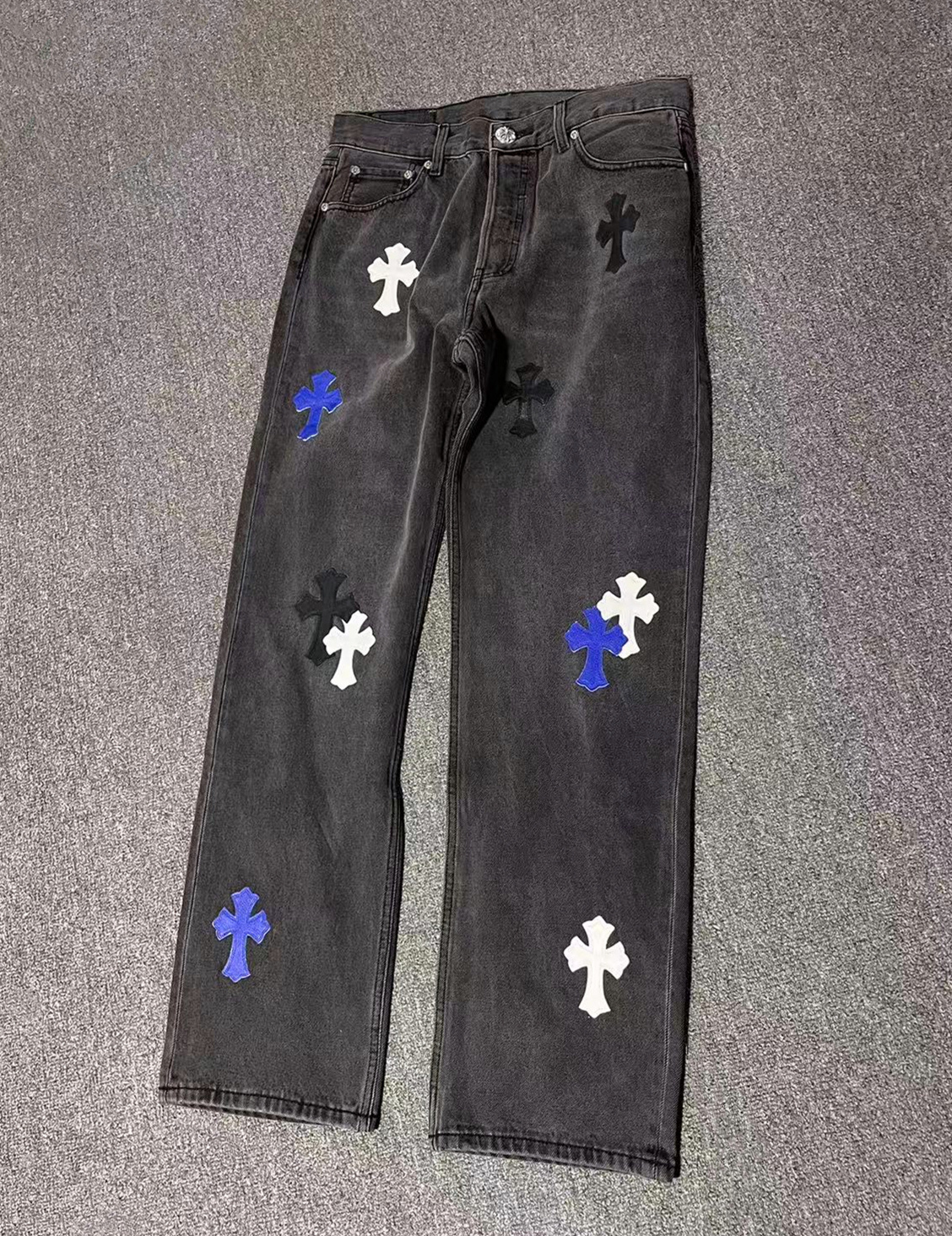 P589 Black Jeans with Blue Leather Details
