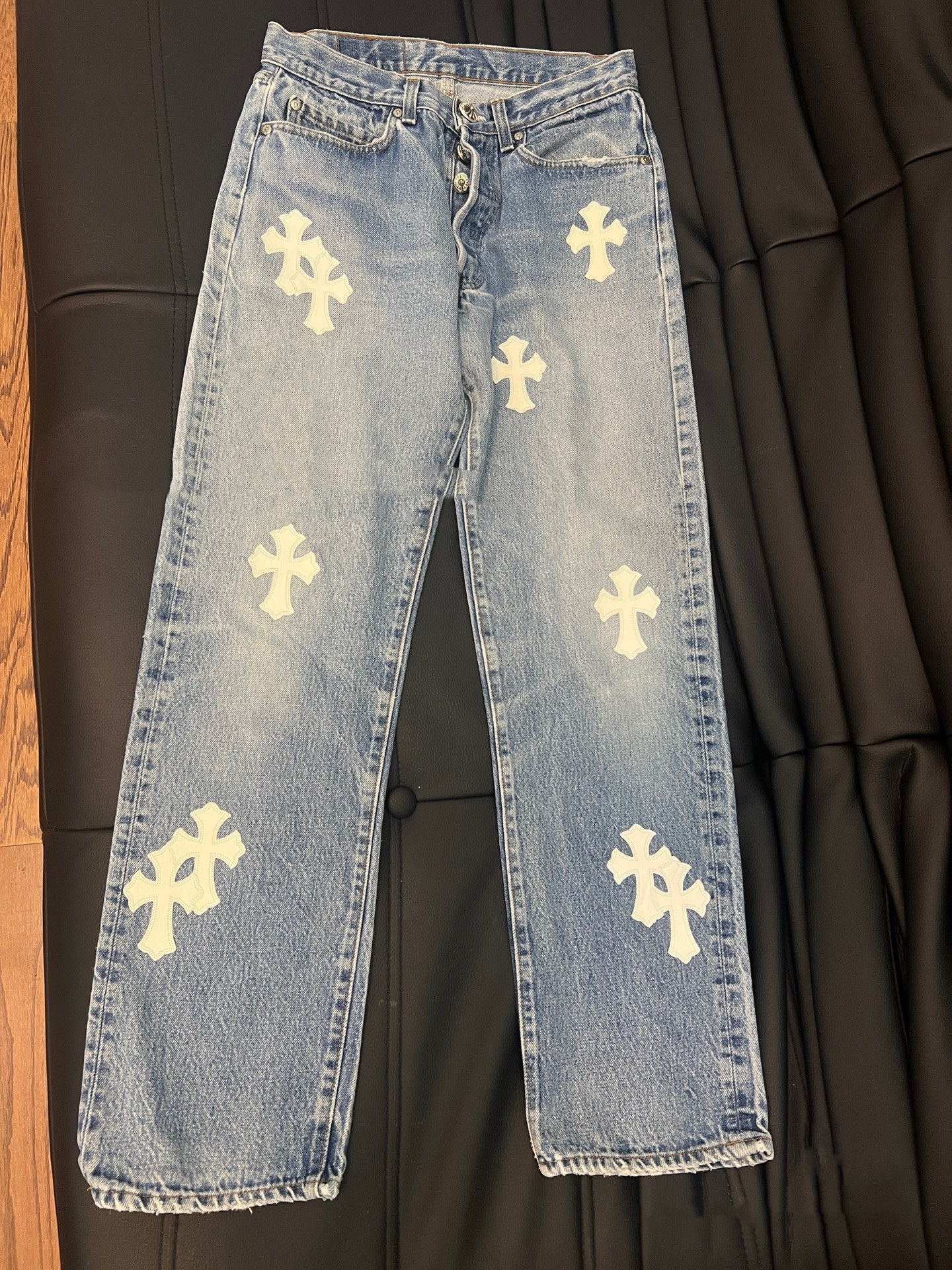 P589 Blue Jeans with White Leather Details