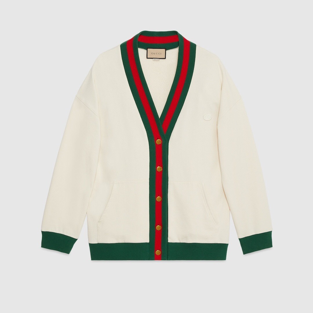 P469 G Red and Green Stripe-Tape Cardigan - Beige