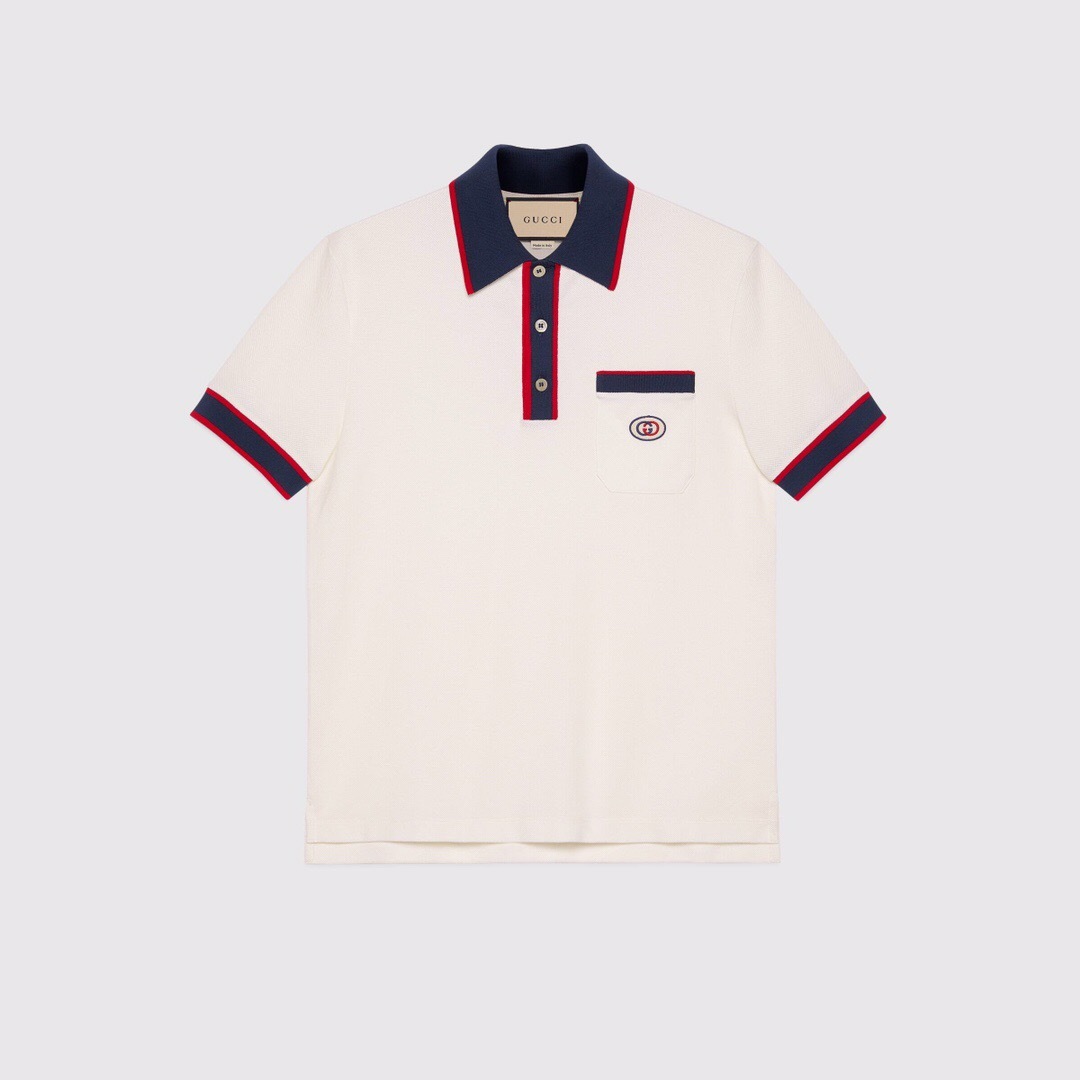 P289 Beige Polo Shirt with Red and Blue Stripes