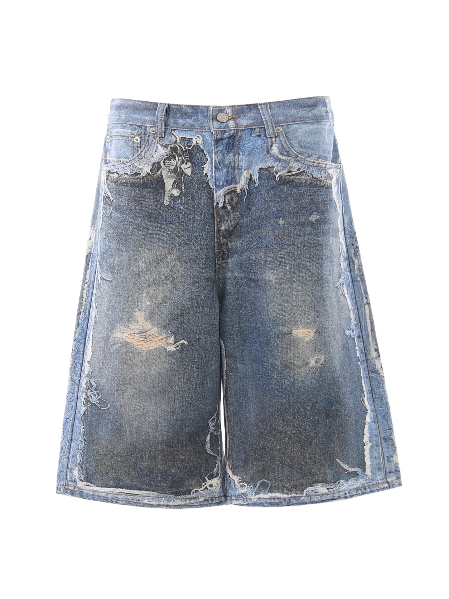 P349 Ripped Whiskered Print Denim Shorts