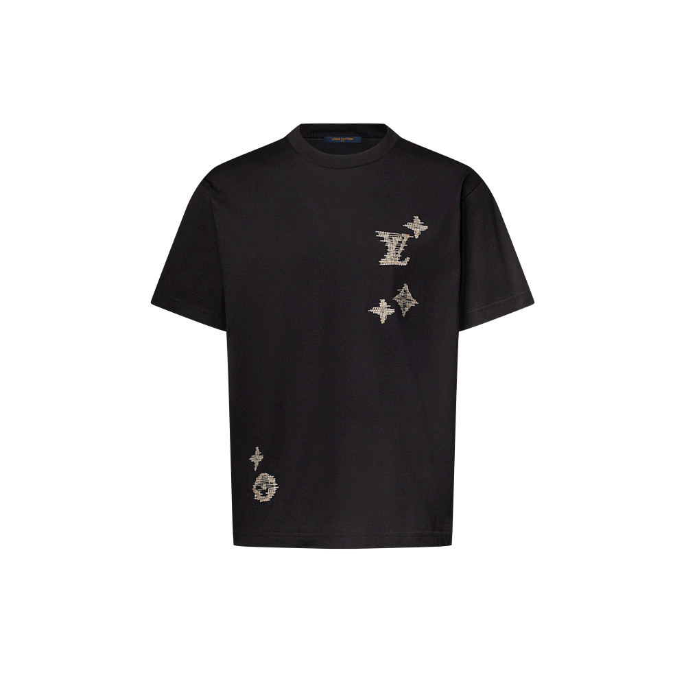 P229 Three-Flower Line Embroidery T-Shirt - Black