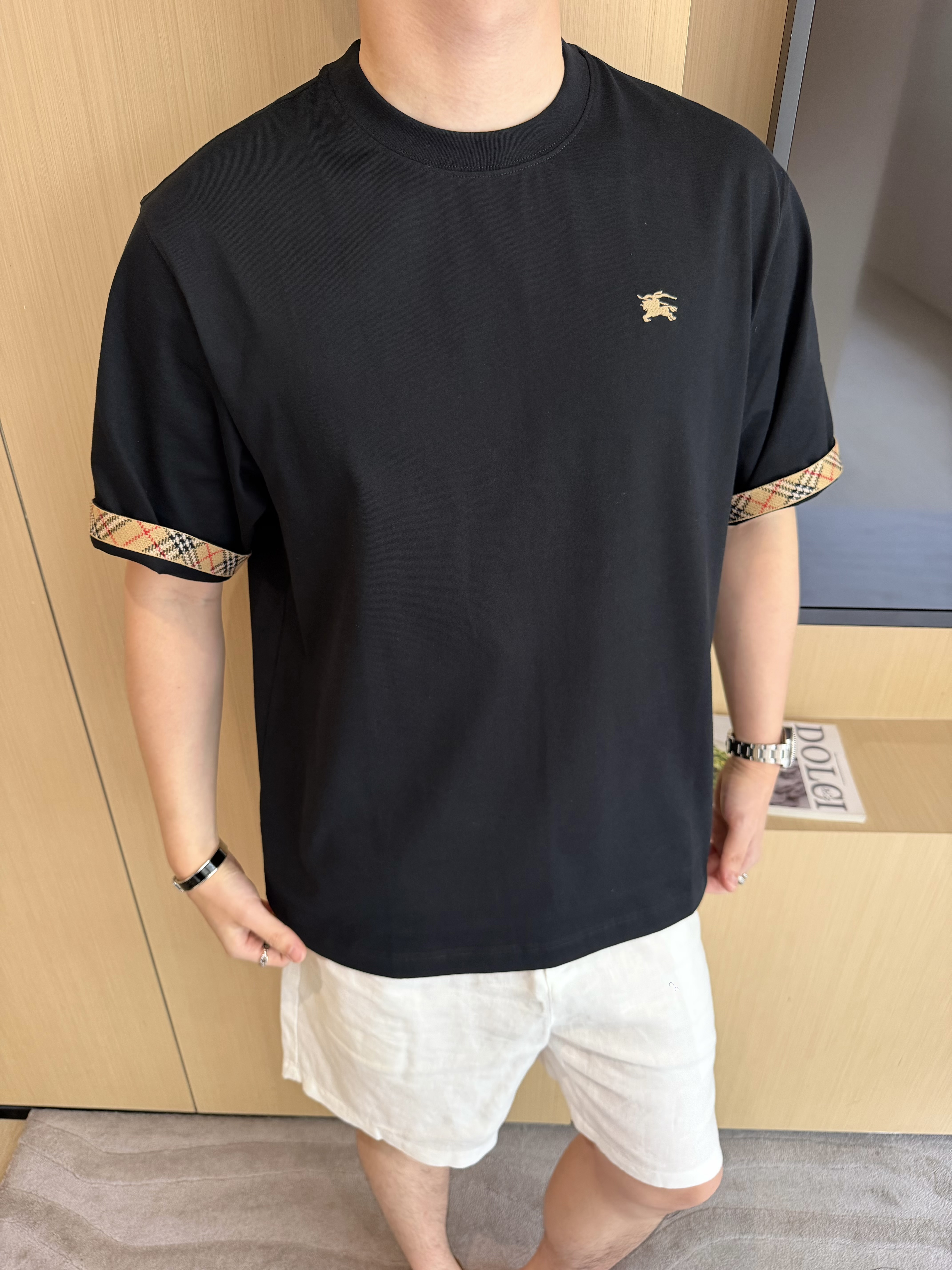 P229 Check Trim Horse Embroidery T-Shirt - Black
